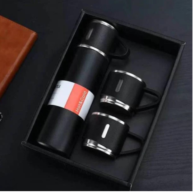 Stainless Steel and Vacuum Flask Bottle - Black (Set of 3 Cups)_1