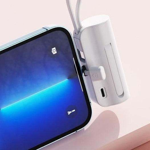 KloudCharge 8000mAh Mini Power Bank with Lightning Pin and Type-C Cable - White