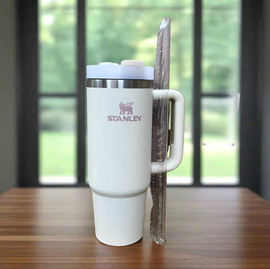 Stanley Tumbler with Handle Straw Lid Stainless Steel 30oz Vacuum Insulated - White_0