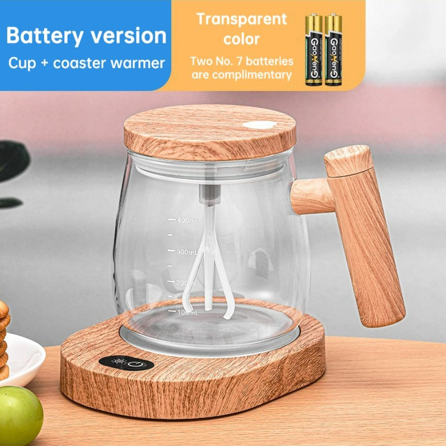 KloudStir Electric Self-Stirring Coffee Cup - Maple Grain Transparent Glass Mug with Coaster Warmer