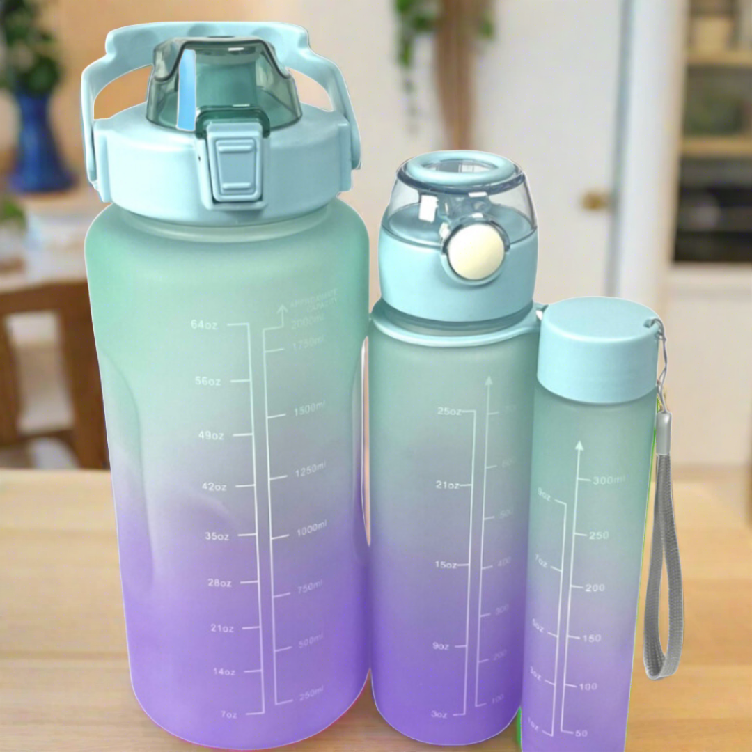 Motivational Water Bottles - Set of 3 -Blue/Purple (2Ltr/700Ml/300Ml