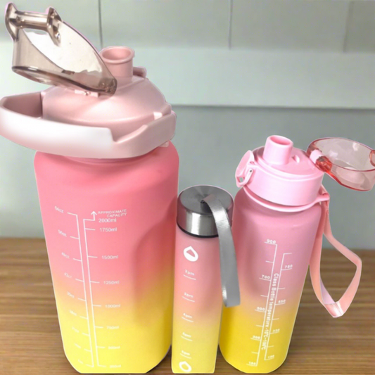 Motivational Water Bottles - Set of 3 -Pink/Yellow (2Ltr/700Ml/300Ml)